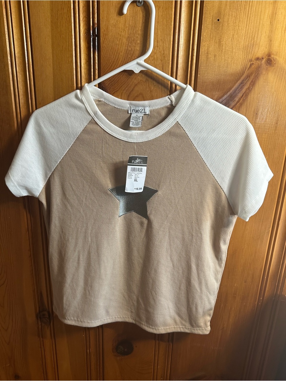 Rue21 Beige Ribbed Top with White Trim and Star Accent